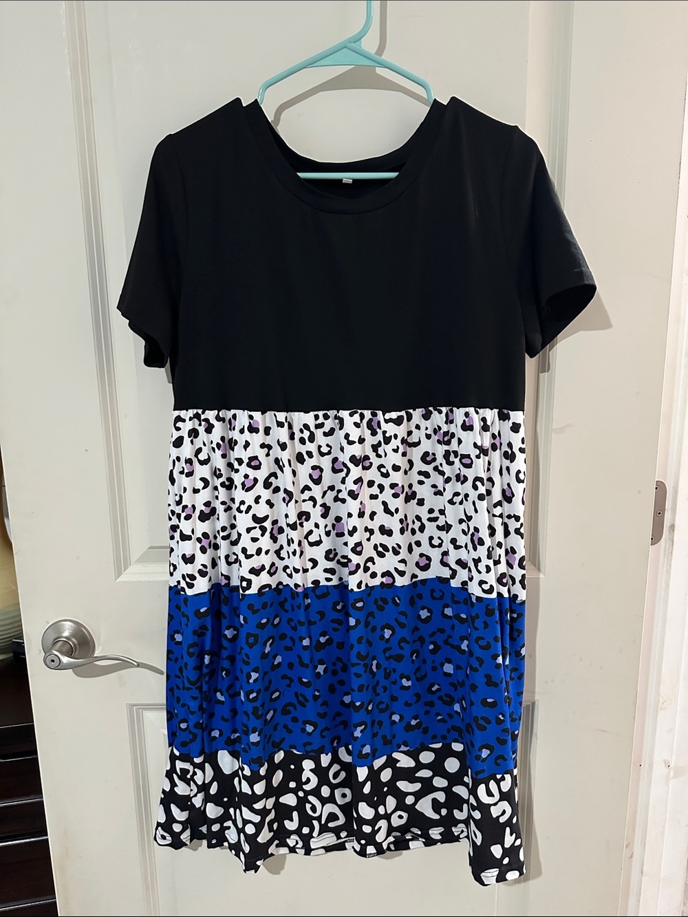 Source Unknown Black Colorblock Midi Dress with White and Blue Leopard Panels